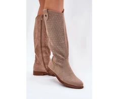 Ilgaauliai batai virš kelių su ažūriniu raštu, smėlio spalvos Step in style