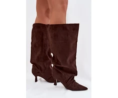 Ilgaauliai batai virš kelių su kulnu, rudi Step in style