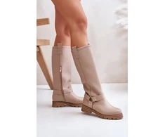Ilgaauliai batai virš kelių su užtrauktuku ir dirželiu, smėlio spalvos Step in style