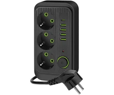 Ilgintuvas LINEA PRO, 3 kištukinių lizdų, 4xUSB-A, 1xUSB-C, su jungikliu, juodas, 5m