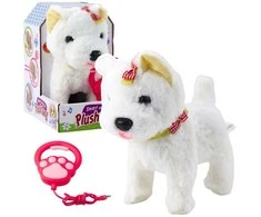 Lean Toys Interaktyvus pliušinis šuo su pavadėliu, baltas