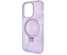 iPhone 13 Pro Max - violetinis Guess Ring Stand Script Glitter MagSafe dėklas