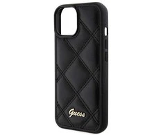 iPhone 15 - juodas Guess dygsniuotas metalinis dėklas su logotipu