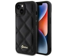 iPhone 15 - juodas Guess dygsniuotas metalinis dėklas su logotipu