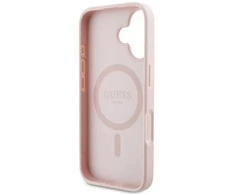 Originalus Dėklas GUESS Grained Hot Stamp Peony Triangle Logo MagSafe skirtas Apple iPhone 16 rožinės spalvos