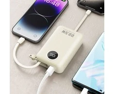 Išorinė baterija 20000 mAh 22,5 W su USB-C ir Lightning laidais balta