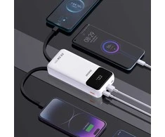 Dudao K15Pro Power Bank 20000mAh 22.5W PD USB-C / USB-A / integruotais Lightning ir USB-C kabeliais – baltos spalvos
