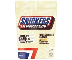 Išrūgų baltymų milteliai su baltuoju šokoladu, karamele ir žemės riešutais Snickers