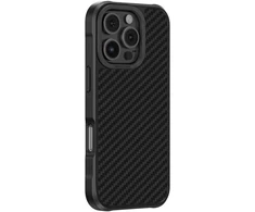 Juodas itin tvirtas telefono dėklas iPhone 16 Pro iš aramido AmazingThing