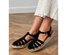 Juodi moteriški espadrilės tipo sandalai iš eko zomšos