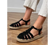 Juodi moteriški espadrilės tipo sandalai iš eko zomšos