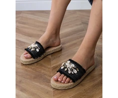 Juodos pintos espadrilės šlepetės su kriauklėmis moterims