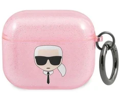 Karl Lagerfeld Blizgučių Dėklas su Karolio Galvos Atvaizdu AirPods 3 - Rožinis