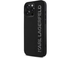 Karl Lagerfeld blizgus juodas 3D silikoninis dėklas iPhone 16 Pro