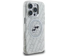 „Karl Lagerfeld IML“ blizgučiais ir „Karl &amp; Choupette Heads“ logotipu aprūpintas „MagSafe“ dėklas, skirtas „iPhone 16 Pro“ – pilkas