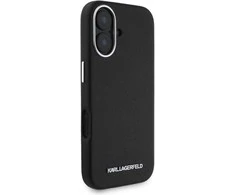 Dėklas Karl Lagerfeld Saffiano Full Wrapped Elongated Metal Logo MagSafe Apple iPhone 16 juodos spalvos