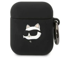 Karl Lagerfeld KLA2RUNCHK AirPods 1/2 dėklas, juodas/juodas, Silikoninis, Choupette Head 3D