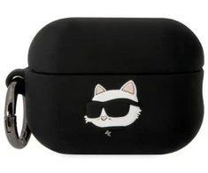 Karl Lagerfeld KLAP2RUNCHK AirPods Pro 2 dėklas, juodas/juodas Silikoninis Choupette galvos 3D dizainas