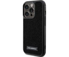Karl Lagerfeld metalinis dėklas su iPhone 15 Pro logotipu su akmenimis - juodas