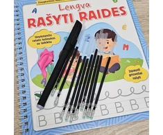 KNYGA Lengva rašyti raides. Įspausti grioveliai rašyti. Išnykstančio rašalo tušinukas su laikikliu + širdelės. Daugkartinio naudojimo pratybos 4-6 metų vaikams.