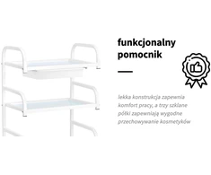 Kosmetologinis staliukas Basic 121 su stiklinėmis lentynomis, baltas