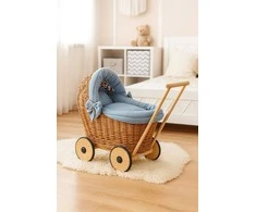 Lėlių vežimėlis pintas su patalyne pilkai mėlynas Stella