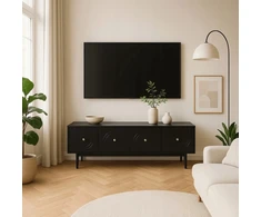 TV staliukas MARLEN 155 cm juoda moderni keturių durų televizoriaus spintelė svetainei