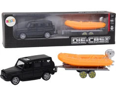 Lean Toys Juodas visureigis su priekaba ir oranžine valtimi vaikams