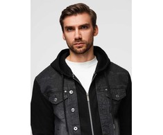 Men's denim jacket with knitted sleeves and hood - juodas V3 OM-JADJ-0220