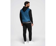 Men's denim jacket with knitted sleeves and hood - mėlynas and juodas V2 OM-JADJ-0220