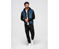 Men's denim jacket with knitted sleeves and hood - mėlynas and juodas V2 OM-JADJ-0220