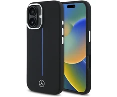 Mercedes MEHMP16S23SUMBK Apple iPhone 16 6.1″ juodos spalvos kietas dėklas Silicone Mėlyna Stripe MagSafe