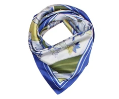 Moteriška dirbtinio šilko skarelė „Mėlyni ornamentai ir žiedai“, mėlyna / geltona