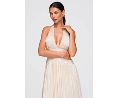 Moteriška kreminė maksi suknelė su gilia iškirpte ir halter kaklu
