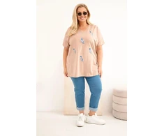 Moteriška medvilninė Plus Size palaidinė su plunksnų aplikacijomis, smėlio spalvos