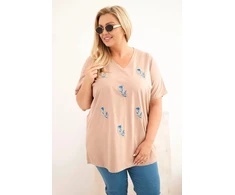 Moteriška medvilninė Plus Size palaidinė su plunksnų aplikacijomis, smėlio spalvos