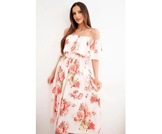 Moteriška off-shoulder midi suknelė su gėlių raštu, raudona