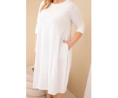 Moteriška Plus Size balta suknelė su rankogaliais ir kišenėmis