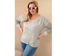 Moteriška Plus Size chaki palaidinė su užrašu ir perliukais