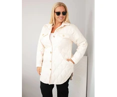 Moteriška Plus Size dygsniuota striukė su apykakle ir kišenėmis, šviesiai smėlio spalvos