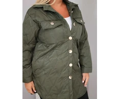 Moteriška Plus Size dygsniuota striukė su apykakle ir kišenėmis, chaki spalvos