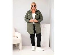 Moteriška Plus Size dygsniuota striukė su apykakle ir kišenėmis, chaki spalvos