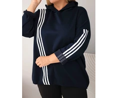 Moteriška Plus Size džemperio su gobtuvu su dekoratyvinėmis juostomis, tamsiai mėlynos spalvos
