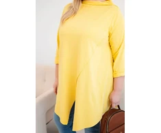 Moteriška Plus Size geltona asimetrinė palaidinė su užriestomis rankovėmis