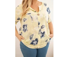 Moteriška Plus Size geltona gėlių rašto medvilninė palaidinė