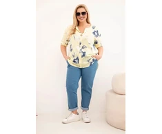 Moteriška Plus Size geltona gėlių rašto medvilninė palaidinė