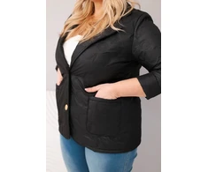 Moteriška Plus Size juoda pikota striukė su gėlių raštu, apykakle ir kišenėmis