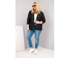 Moteriška Plus Size juoda pikota striukė su gėlių raštu, apykakle ir kišenėmis