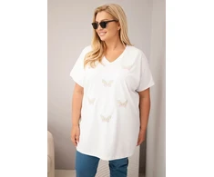 Moteriška Plus Size medvilninė palaidinė su drugelio aplikacijomis, balta