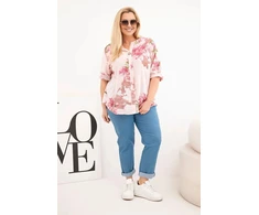 Moteriška Plus Size medvilninė palaidinė su V formos iškirpte ir gėlių raštu, pudrinės rožinės spalvos